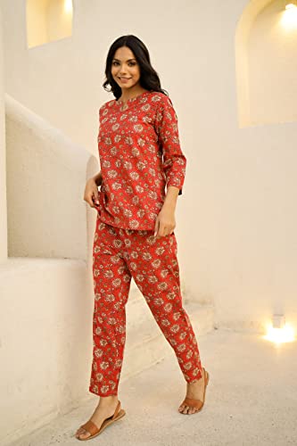 Image of SANSKRUTIHOMES Women's Premium 100% Cotton Printed Co-Ord Set | Short Sleeve Shirt & Pant Set | Pink Checkered Sun & Palm Tree Print | Casual Summer Resortwear, Vacation Wear & Comfortable Loungewear