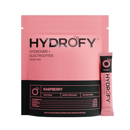Image of Hydrofy Hydrogen Water + Electrolytes Drink Mix | H2 Hydration Packets with Molecular Hydrogen, Sodium, Potassium, Magnesium, Calcium, and Minerals | No Sugar | Raspberry 25 Ct
