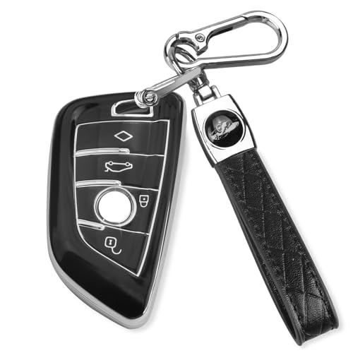 Image of QBUC for BMW Key Fob Cover with Leather Keychain | for BMW 2 5 6 7 Series X1 X2 X3 X5 X6 X7 Premium Soft TPU Key Fob Holder (1-Black)