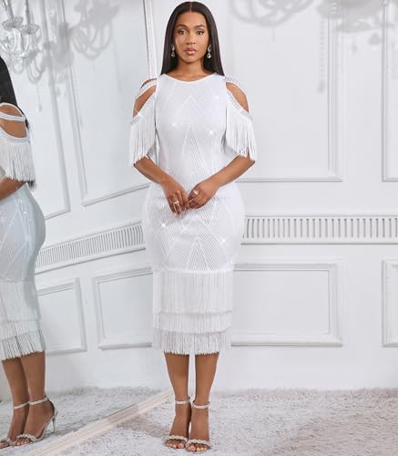 Image of Cololura Sexy Elegant Women Sequin Long Sleeve Tassel Bodycon Midi Dress Party Evening Gown Formal Dress