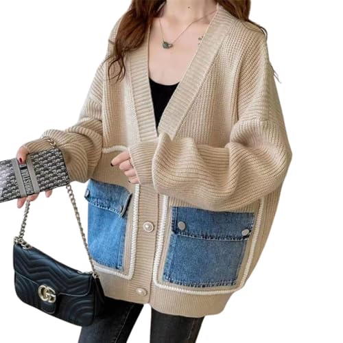 Image of FindThy Women's Casual Button Up Cardigan Oversized Long Sleeve Jean Patchwork Sweater Cardigans