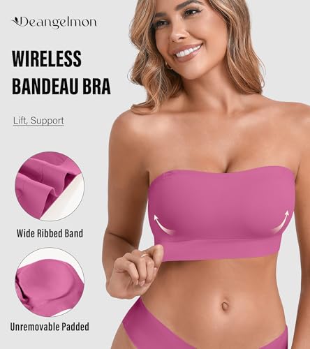 Image of DEANGELMON Strapless Bras for Women Wireless Push Up Non-Slip Bandeau Bra Seamless Clear Straps TubeTop Padded Bralette