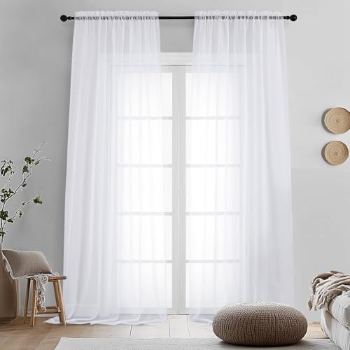 Image of OVZME 2 Panels White Sheer Curtains 96 inch Length for Bedroom, Elegant Light Filtering Sheer White Curtains Window Treatment for Living Room & Sliding Glass Door, Each 42Wx96L