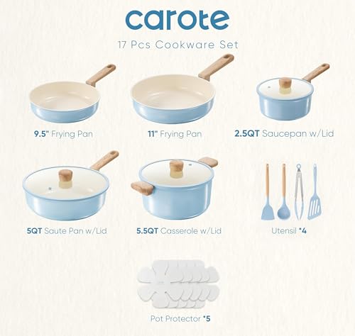 CAROTE 16pcs Ceramic Cookware Set, Pots and Pans Non Stick Kitchen Cookware Sets, Pots and Pans Set Cooking Set with Knife Set - Image 3
