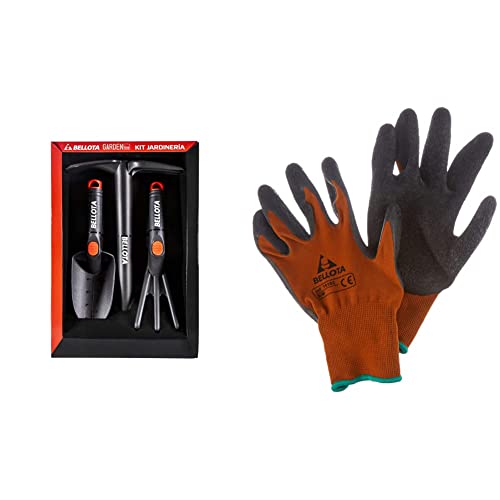 Bellota 2994 - Kit de jardinería y huerto Que Incluye: rastrillo, transplantador y azuela, Herramienta pequeña de Jardin + Guante de Trabajo para Agricultura y jardinería Tipo Grip