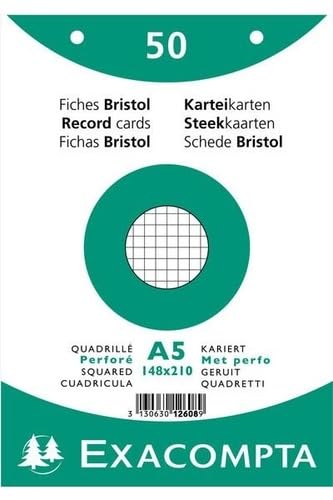 Fiches bristol A5 quadrillé 5x5 petits carreaux perforé blanc paquet de 50 pour classeur