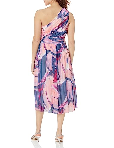 London Times Women's Ruched One Shoulder Mesh Midi Dress Guest Of Occasion Wedding Event, Soft White/Pink #TOP1