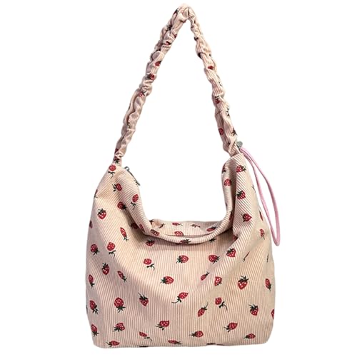 Corduroy Tote Bag, Strawberry Pattern Crossbody Tote Bag with Ruched Strap, Anti-Theft Multi-Purpose Shoulder Handbags for Work Travel Daily Use.
