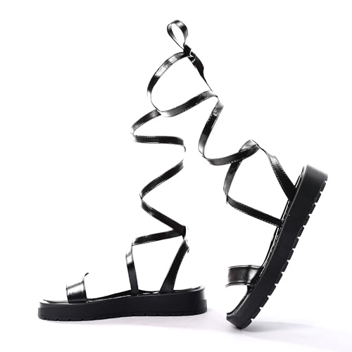 Image of INNERSECT CO Women's Wrap-Around Ankle Platform Sandals - Open Toe Strappy Summer Sandals for Casual & Festival Wear (BLACK, Adult, Women, 7, Numeric, UK Footwear Size System, Medium)