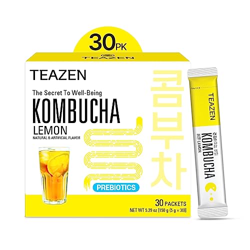 Teazen Kombucha Tea, Zero Sugar, Sparkling Fermented Powdered Mix Beverage From Korea, Live Probiotics & Prebiotics, 30 Sticks, 5.29Oz (Lemon) #TOP7