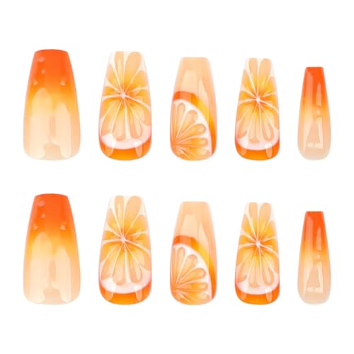 Image of NBNTGH Orange 3D Fruit Design Glossy Glue on Nails, 24 Pcs (Pack of 1), Medium Coffin Shape, Full Cover Stick on Nails, Reusable, Spring /Summer Manicure