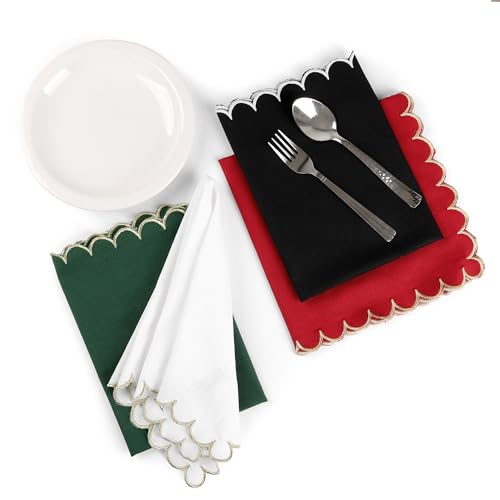 Image of FINGERCRAFT Scallop Edge Cloth Napkins Red with Golden Zari | Set of 6 | 20x20 Inches | 100% Cotton | Table Napkins for Any Occasion | Washable, Perfect for Parties and Everyday Use