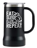 Onebttl Football Gifts for Men, Players, Coach, Stainless Steel Beer Stein Tumbler, 24oz Beer Mug with Lid, Black, Eat Sleep Repeat