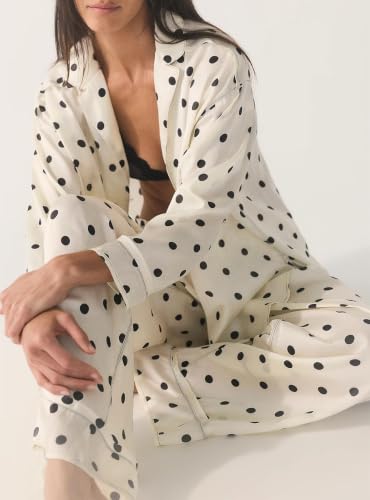Image of Women Satin Pajama Sets Floral Silk Pajamas Pj Set | 2 Piece Lounge Sets, Button Down Long Sleeve Shirts and Wide Leg Pants Pjs Set, Christmas Holiday Valentine's Day Sleepwear