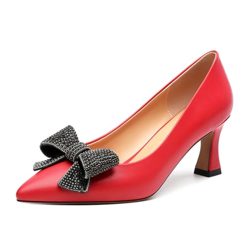 Image of Heels for Women Closed Patent Pointed Toe Bow Pumps Slip on Kitten Low Heels Wedding Party Dress Office Shoes 2.5Inch
