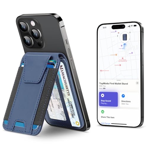 TopMade for Magsafe Wallet, Works with Apple Find My, Strongest Magnetic Wallet for iPhone 17/16/15/14/13/12 Series, Magnetic card holder with Adjustable Stand, 9 Cards Holder, Dark Blue