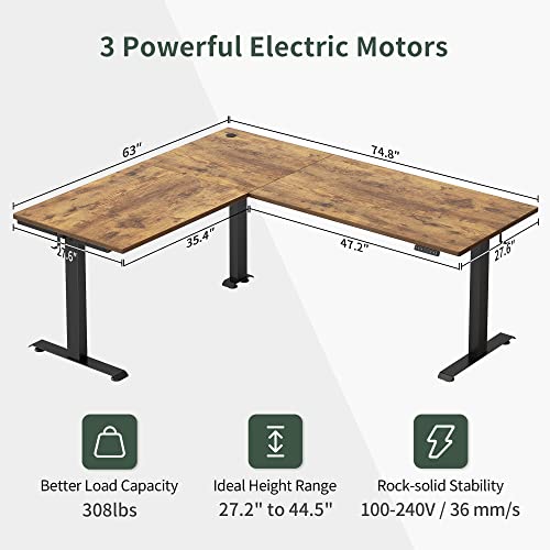 Image of FEZIBO 75 Inches, Supports Over 300lbs, Large L Shaped Standing Desk, Electric Height Adjustable L Shaped Desk, Suitable for Home Office, Rustic Brown Top /Black Frame