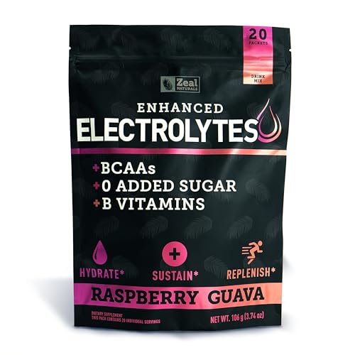 Enhanced Electrolyte Powder Stick Packs (Raspberry Guava | 20 Packets) w/ 0 Sugar +BCAAs +B-Vitamins...