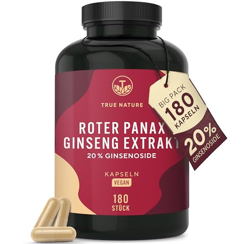Roter Panax Ginseng | 600 mg (20% Ginsenoside) - 180 Ginseng Kapseln - Vegan & ohne unerwünschte Zusätze - Laktose- & glutenfrei - TRUE NATURE