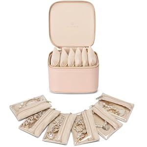 Vlando Travel Jewelry OrganizerJewelry Travel Case with 6 Velvet Zipper Jewelry Bags Gift Ideas for Birthday Wedding Graduation Khaki