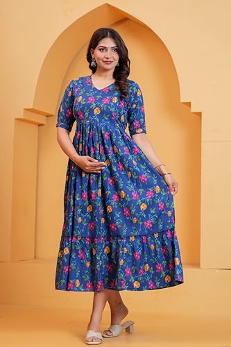 Image of The Moon Star Women's Cotton Floral Printed Anarkali Maternity Feeding Kurti | Breastfeeding Dress for Mothers | Zipper Feeding Kurti, Nursing Kurti, Comfortable and Trendy Maternity Wear