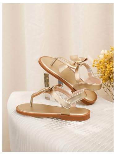 GORGLITTER Girl's Cute Bow Flat Sandals Metallic Gold Ankle Strap Thong Slides Toe Post Vacation Shoes4