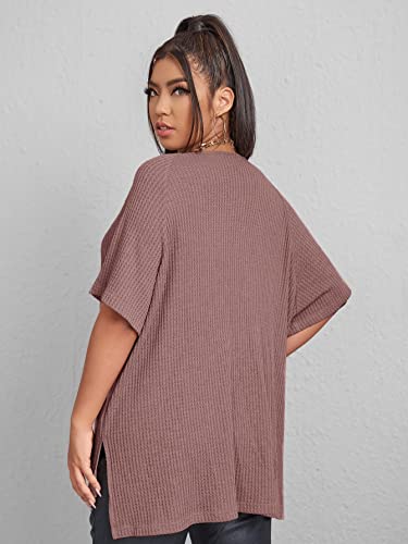 Soly Hux Women's Plus Size V Neck Short Sleeve Tee Split Hem Waffle Knit Oversized Casual Loose Summer Basic T Shirt Tops Dusty Pink 2Xl #TOP1