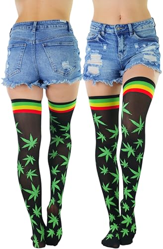 Image of ToBeInStyle Women's Thigh High Stockings Bodystocking Tights Medicinal Cannabis Marijuana Weed Leaf Print Festival Hosiery