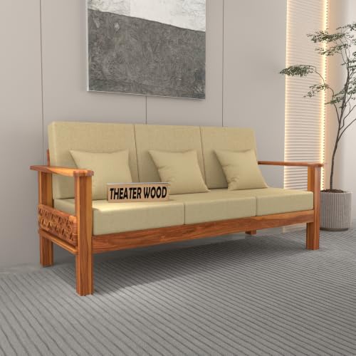 Image of Solid Sheesham Wood 3 Seater Sofa | Premium Wooden Sofa with Upholstered Cushions | Handmade Carved Couch for Living Room, Bedroom & Office