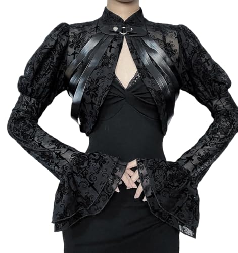 Gothic Crop Top Lace Up Sheer Bolero Shrugs Punk Y2k Cover Up Grunge Bell Sleeve Victorian Rave Blouse Cardigan