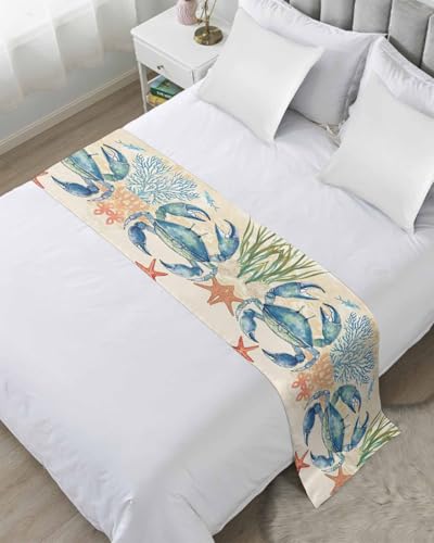 Yukro Bed Runner Scarf, Ocean Crab Coral Starfish Retro Marine Life Nautical King Bed Scarf Runner, No Fading Decorative Bedding Scarf for Bedroom Hotels Homes and Guestrooms