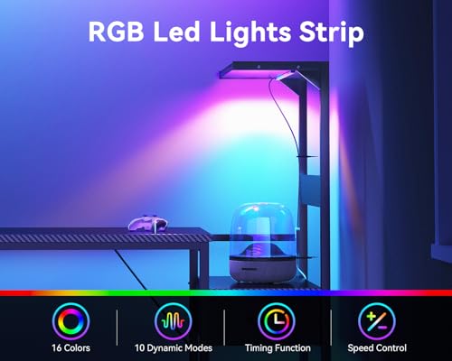Image of Casaottima 54'' Gaming Desk with LED Lights & CPU Stand, Reversible Computer Desk with Storage Shelves & Fabric Drawer, Modern PC Gamer Table with Headphone Hook, Carbon Fiber Black