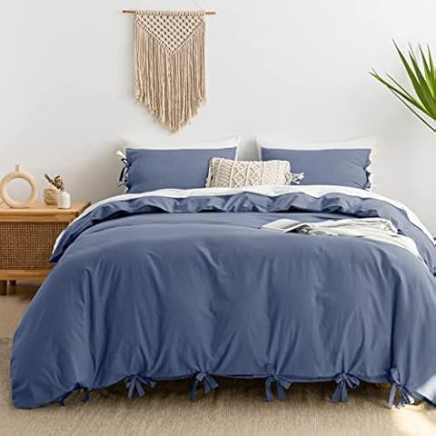 JELLYMONI 100% Washed Cotton Butterfly Bow tie Duvet Cover Set, Blue King Size Comforter Cover(3 Pieces, Blue, King)…… Cover