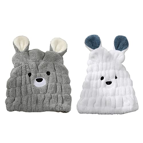 Lot de 2 serviettes à cheveux en microfibre pour filles - Bonnet de bain à séchage rapide - Serviette de séchage absorbante (gris et blanc) Cover