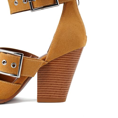 CORNMOOD Pointed Toe Chunky Heels for Women Metal Buckle Strappy Medium Thick Wedge Western Stacked Heel Sandals4