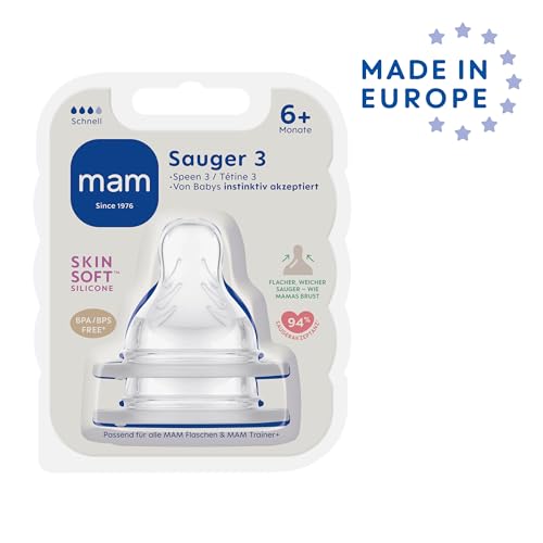 MAM Sauger Größe 3 im Doppelpack, Flaschensauger (Durchflussrate schnell), weicher Trinksauger passend für Flaschen/Trainer, ab 6+ Monate
