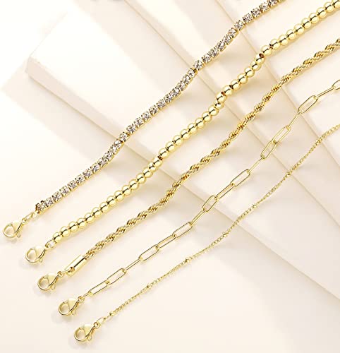 Gold Chain Bracelets Sets For Women Girls Stainless Steel Dainty 14K Real Gold Plated Link Paperclip Bead Bracelets Stackable Adjustable Layered Metal Fashion Jewelry #TOP5