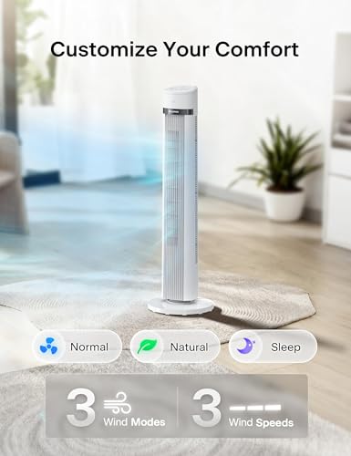 Image of PELONIS 40 inch Bladeless Tower Fan for Bedroom, Standing Fan with Remote Control, 26ft /s, 90 Oscillation, 3 Speed Settings, 27dB, 3 Modes, 15-Hour Timer, LED Display, Fan that Blows Cold Air, White