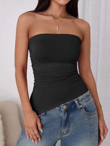 Tankaneo Womens Going Out Tube Top Asymmetrical Strapless Tops Ruched Bandeau Shirts Trendy Y2k Outfits2