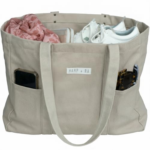 Harp + Ra Extra Large Unscructured Canvas Tote Bag for Women - Open Top, Everyday Carry, Pockets - no zipper - Gift for Women (Dusty Beige)
