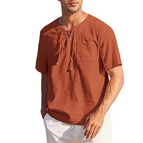 Pull en coton et lin à la mode pour hommes : chemise d'été rouge brique de qualité