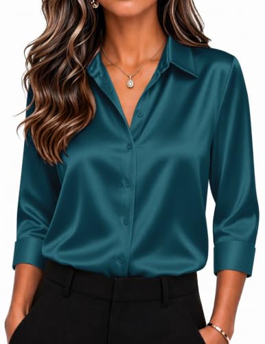 Image of Zeagoo Womens Satin Blouses Button Down Shirts 3 /4 Sleeve Dressy Tops S-2XL