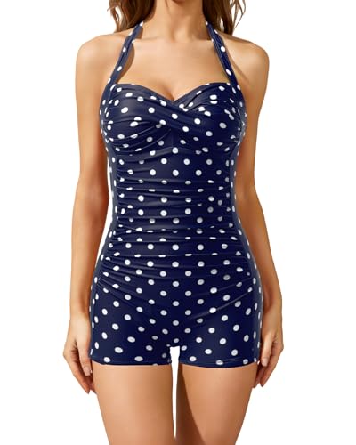 Image of Tempt Me Women Tummy Control One Piece Swimsuits with Shorts | Ruched, Retro bathing Suit, Boyleg, Halter, Vintage, Built-in padded cups