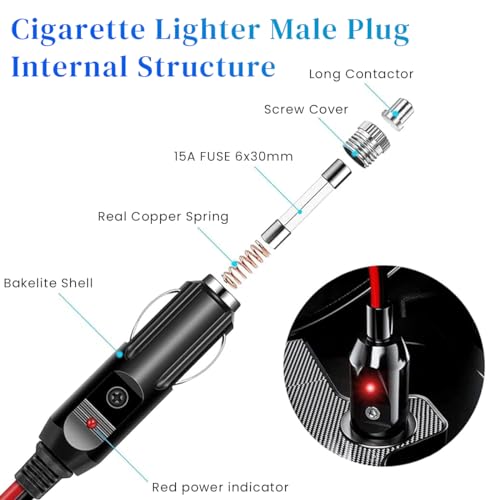 Image of STHIRA 12V /24V Car Cigarette Lighter Cable, 4M /13Ft Car Lighter Extension Cord Extra Long With LED Indicator & Dust Cap For Air Compressor, Tire Pump, Car Appliances In Cars, Trucks, Rvs, Black