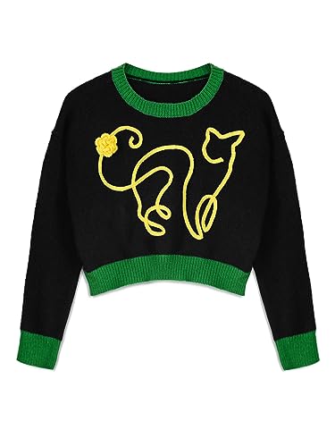 Image of Scacto Women's Cropped Sweater Long Sleeve Crew Neck Ribbed Knit Pullover Jumper Tops Black L