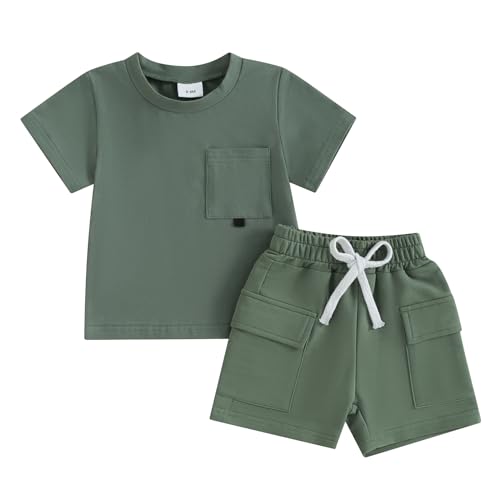 Image of Sprifallbaby Baby Boy Clothes Set Infant Toddler Summer Outfit Short Sleeve Solid Color T-shirt Tops Pocket Shorts Set