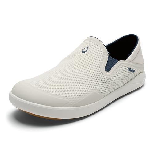 OLUKAI Moku Slip-On Mens Boat Shoes Enhanced Grip & Traction Lightweight & Breathable Mesh Comfort Fit & All-Day Wear White Sand/Trench Blue 9.5