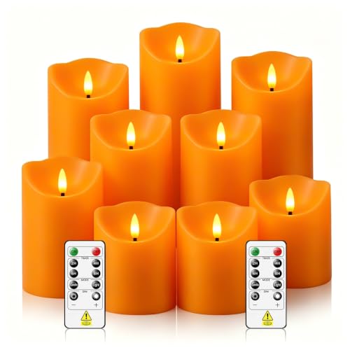 Image of Eebuss Flameless Candles with Remote Timer, Battery Operated Realistic Flickering LED Candles, 9 Packs Fake Candles for Home Decor (D3 x H 3 inch 4 inch 5 inch 6 inch 7 inch) Orange
