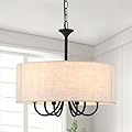 BYKWRTV 18'' Drum Chandeliers for Dining Room, 6-Light Modern Farmhouse Chandelier Drum Pendant Light Fixture with Linen Shade, Black Round Chandelier Hanging Light for Living Room Bedroom Foyer