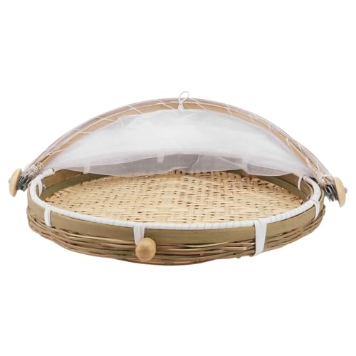 1Pc Handmade Woven Basket Storage Sieve Dustpan Natural Rustic Home Decor with Mesh Cover for Dust and Fly Protection Household Craft
